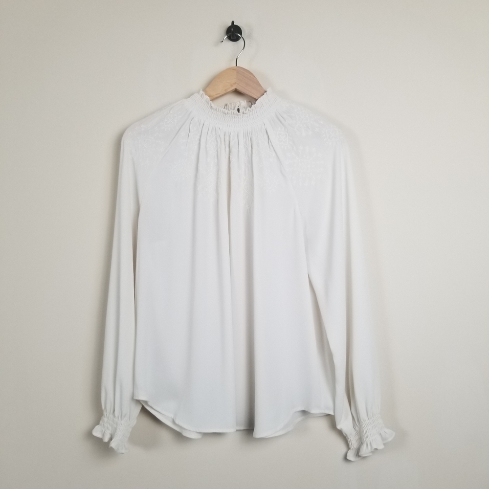 Loft Long Sleeve Blouse Top Ruched Ruffle Neck & Cuffs Large Petite